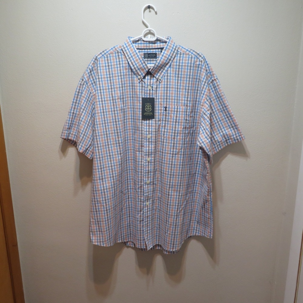 NWT Arrow 1851 Mens XXL Short Sleeve Plaid Button Down Shirt Blue Orange White